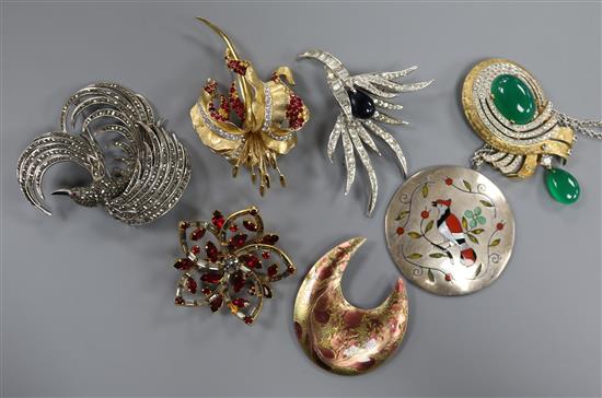 A Boucher rhinestone set floral spray brooch, a marcasite set silver bird brooch and other costume jewellery.